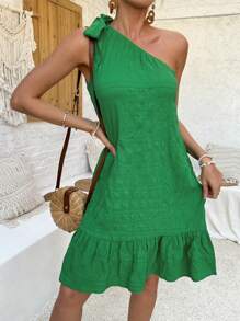 SHEIN LUNE Women's One Shoulder Sleeveless Ruffled Hem Dress - Green - View 1