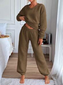 SHEIN Cottnline Drop Shoulder Crop Sweatshirt & Sweatpants - Brown - View 3