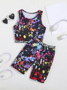SHEIN Leap Crew Girls Splash Ink Print Letter Tape Panel Tank Top & Cycling Shorts - Multicolor - View 1