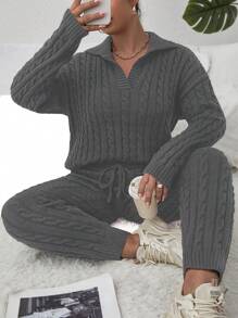 SHEIN LUNE Bộ áo len dệt kim + quần cỡ lớn - Màu xám đen - Xem 4