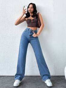 Quần Jeans Ống Thẳng Cạp Cao - Màu xanh lam - Xem 4