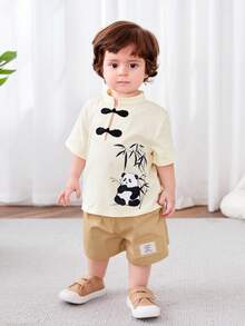 SHEIN Em bé Con trai Mô hình gấu trúc Đứng cổ áo Áo len Và Giải trí Quần short Phong cách Trung Quốc - Màu be - Xem 4