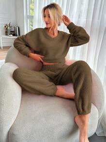 SHEIN Cottnline Drop Shoulder Crop Sweatshirt & Sweatpants - Brown - View 5