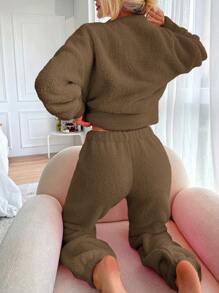 SHEIN Cottnline Drop Shoulder Crop Sweatshirt & Sweatpants - Brown - View 2