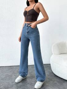 Quần Jeans Ống Thẳng Cạp Cao - Màu xanh lam - Xem 5