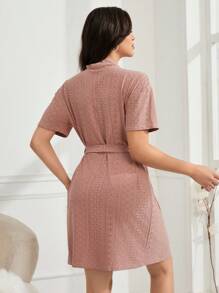 Women Dusty Pink Knitted Fabric Thigh Length V Neck Belted Robe, Casual Short Sleeve Plain Sleepwear