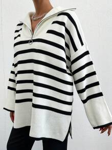 EURMUSE Women's Half-Button Striped Sweater - White - View 5