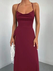 SHEIN 高个女款酒红色露背开衩吊带长款休闲连衣裙 - 酒紅色 - 查看 4