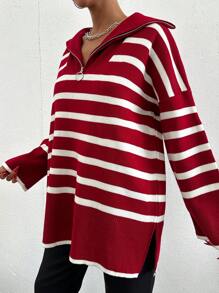 EURMUSE Women's Striped Half-Zip Sweater - Red - View 4