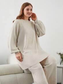 SHEIN Cottnline Plus Size Solid Color Loose Fit Casual Sweater Set - White - View 3