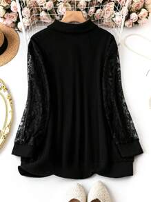 SHEIN LUNE 大尺碼女式蕾絲拼接長袖拉鍊前夾克