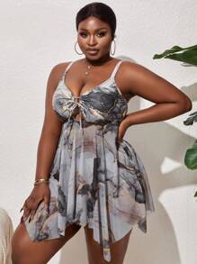 SHEIN Swim Curve Women's Plus Size Summer Beach Marble Tie Front Tankini Set