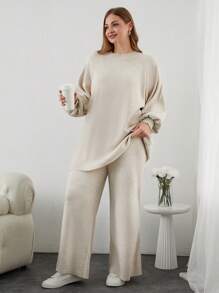 SHEIN Cottnline Plus Size Solid Color Loose Fit Casual Sweater Set - White - View 1