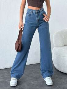 Quần Jeans Ống Thẳng Cạp Cao - Màu xanh lam - Xem 3