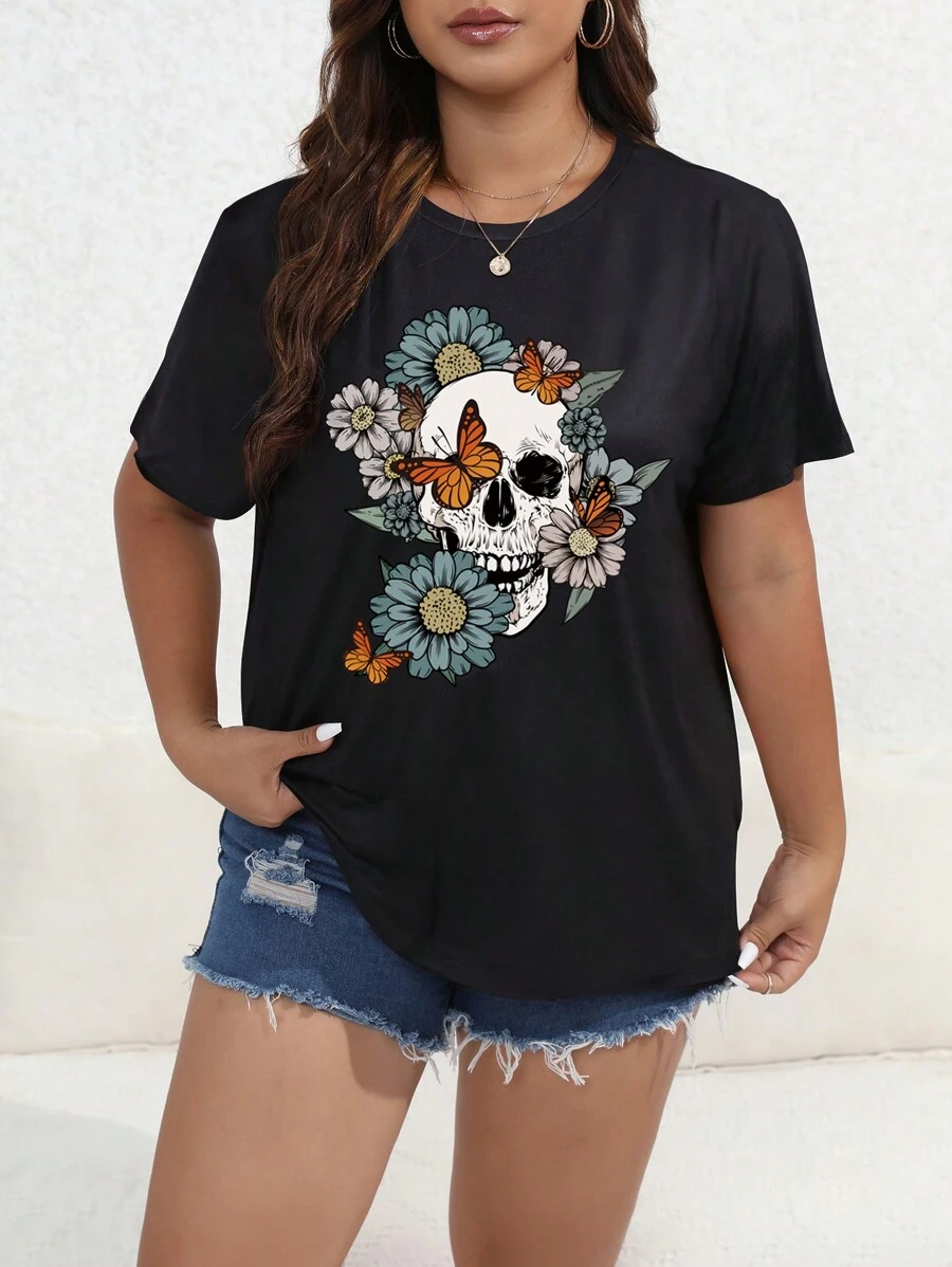 SHEIN LUNE Áo thun Plus size Hoa Lễ Các Thánh Giải trí - màu đen - Xem 1