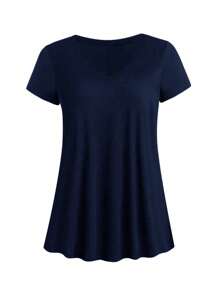 Linhara Plus Size Solid Color V-Neck T-Shirt - Navy Blue - View 3