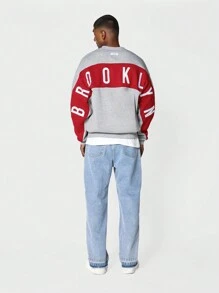 SUMWON Crew Neck Colour Blocked Sweatshirt With Back Brooklyn Embroidery - Grey - View 3