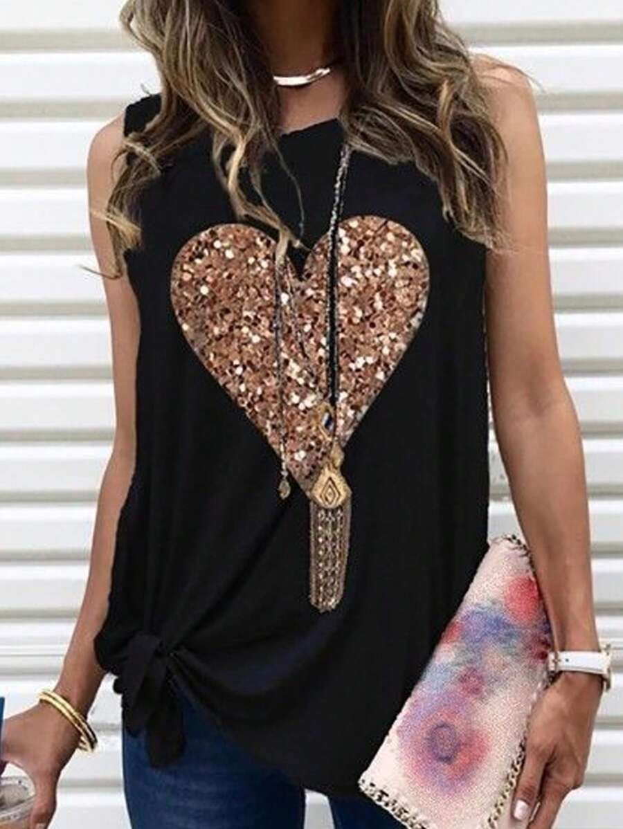 SHEIN LUNE Plus Size Heart Pattern Tank Top - Black - View 1