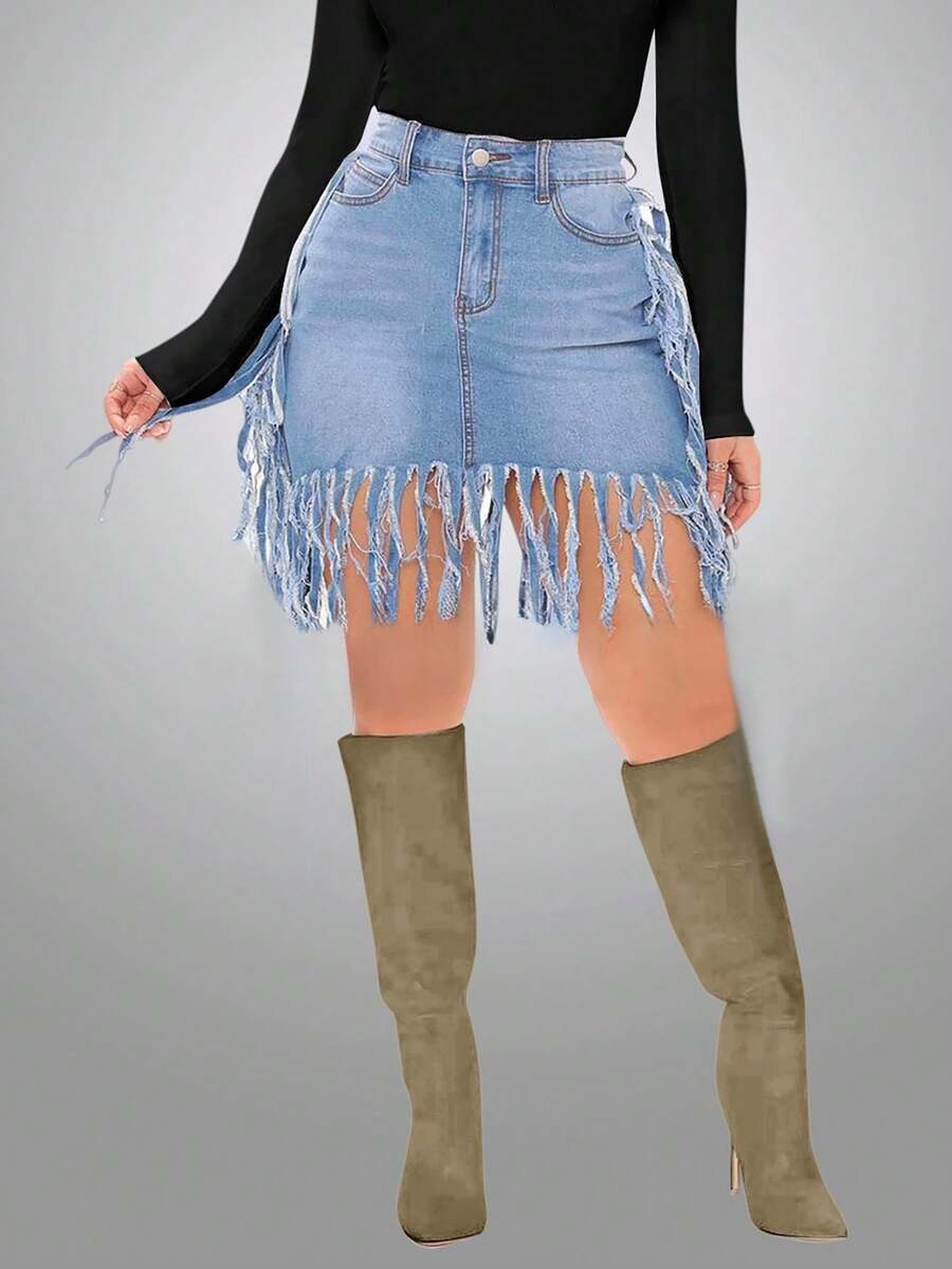 Denim Fringe Hem Váy - Rửa nhẹ - Xem 1