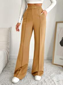 EURMUSE Women'S Solid Color Wide Leg Suit Pants With Diagonal Pockets - Camel - View 5