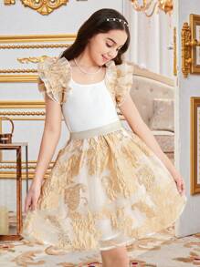 SHEIN Tween Girls' Square Neckline Ruffle Trim Top And Jacquard A-Line Skirt Set