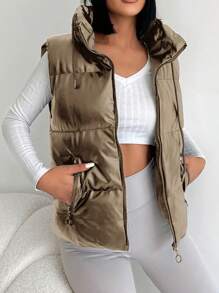 EURMUSE Sleeveless Zipper Closure Padded Jacket - Khaki - View 5