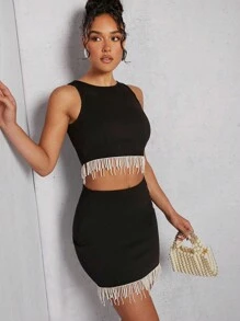 SHEIN Unity 仿珍珠流苏上衣和裙子两件套 - 黑色 - 查看 1
