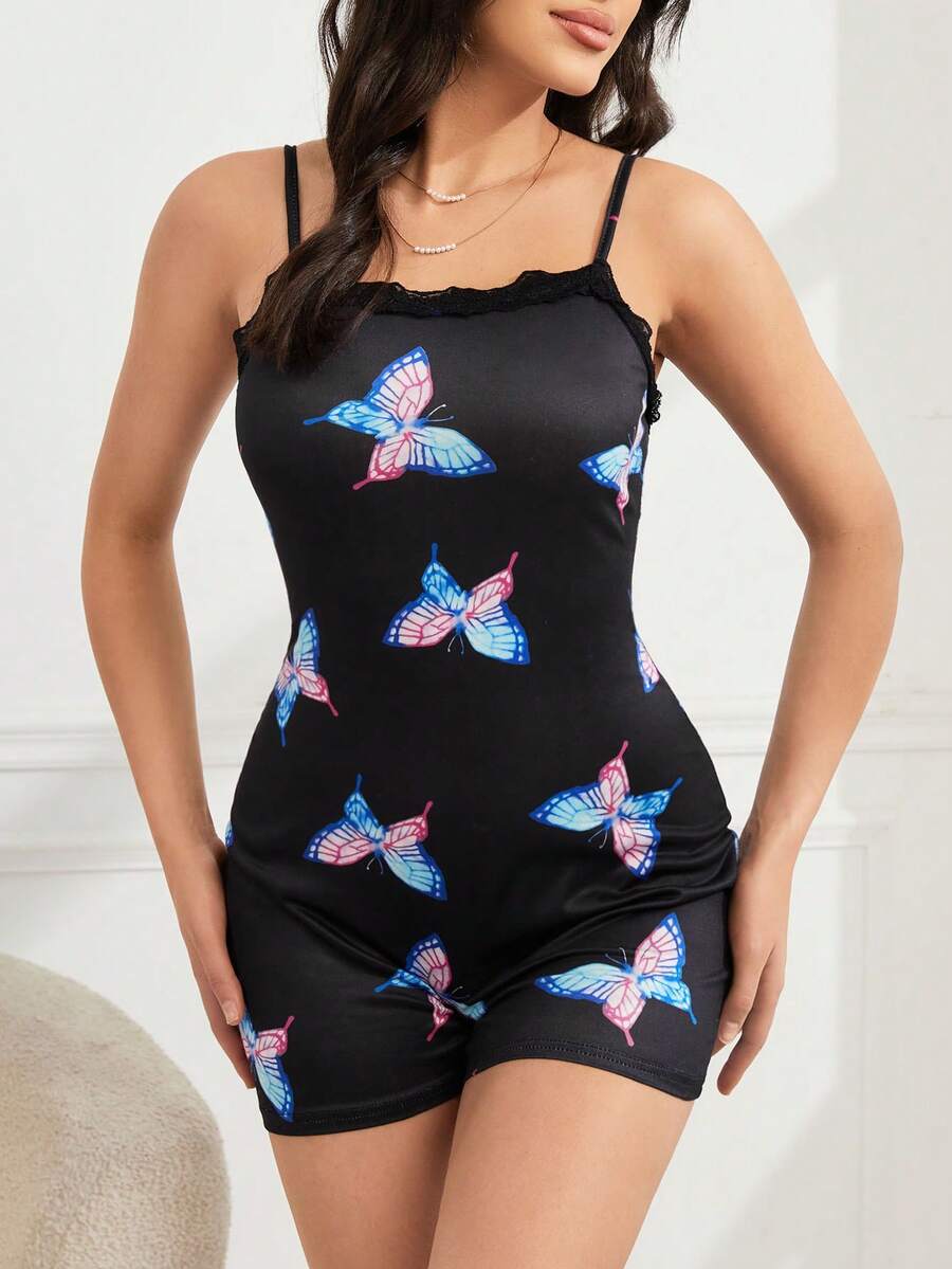蝴蝶印花女式背心連體睡衣 - 黑色 - 查看 1