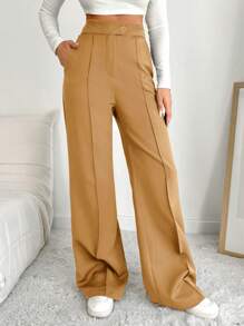 EURMUSE Women'S Solid Color Wide Leg Suit Pants With Diagonal Pockets - Camel - View 7