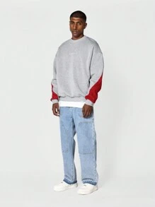 SUMWON Crew Neck Colour Blocked Sweatshirt With Back Brooklyn Embroidery - Grey - View 4