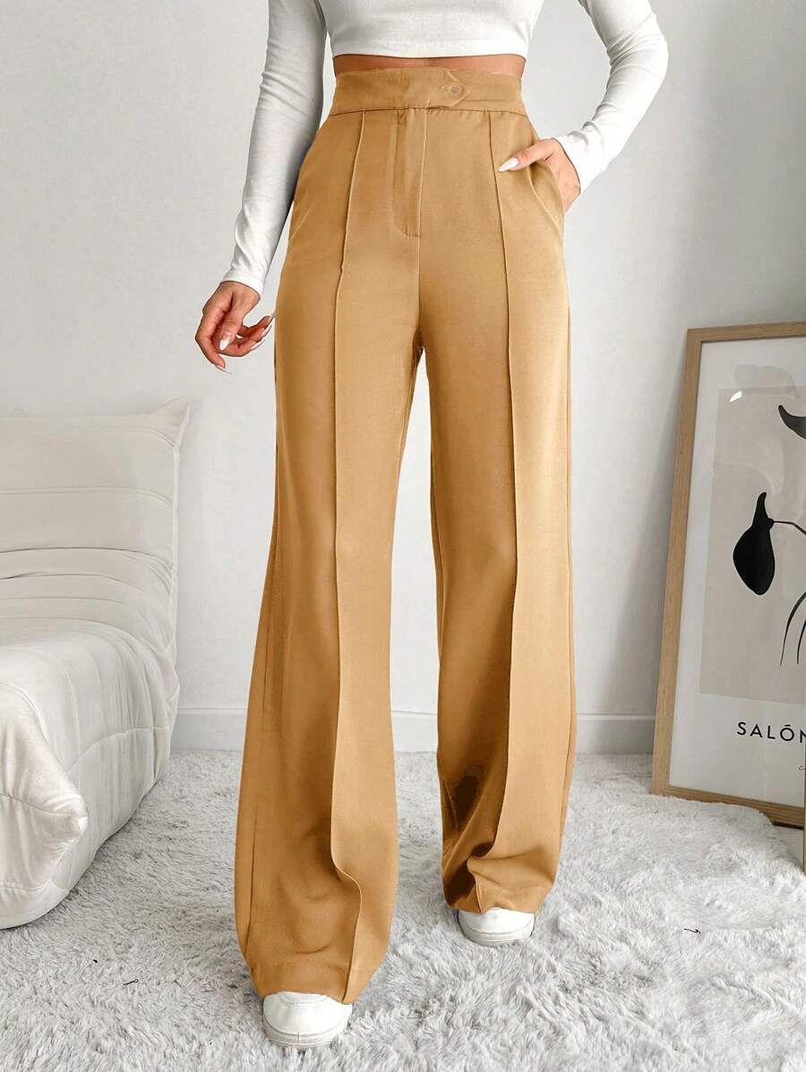 EURMUSE Women'S Solid Color Wide Leg Suit Pants With Diagonal Pockets - Camel - View 1