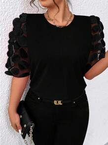 SHEIN Clasi Plus Size Round Neck Mesh Splice Blouse - Black - View 3