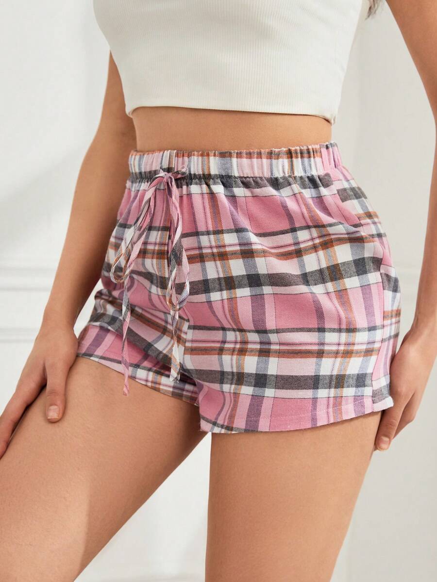 Women's Plaid Printed Tie Waist Sleepwear Bottoms - Pink - View 1