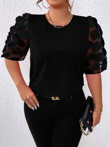 SHEIN Clasi Plus Size Round Neck Mesh Splice Blouse - Black - View 4