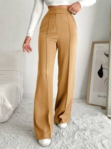 EURMUSE Women'S Solid Color Wide Leg Suit Pants With Diagonal Pockets - Camel - View 3