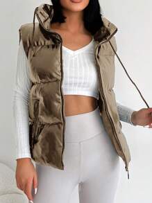 EURMUSE Sleeveless Zipper Closure Padded Jacket - Khaki - View 1