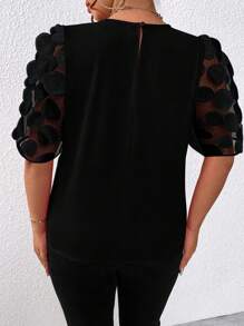 SHEIN Clasi Plus Size Round Neck Mesh Splice Blouse - Black - View 2
