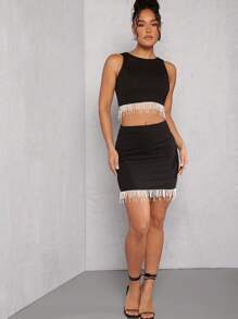 SHEIN Unity 仿珍珠流苏上衣和裙子两件套 - 黑色 - 查看 5