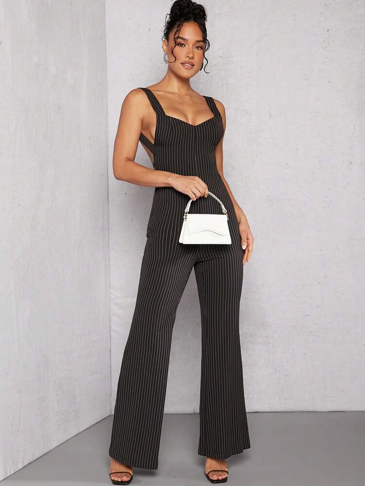 Pinstripe Flare Leg Backless Jumpsuit