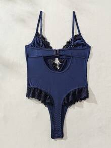 SHEIN 女士对比色蕾丝性感吊带连体衣外出内衣 - 藏蓝色 - 查看 5