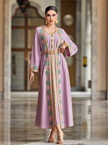 Al Najma 女士优雅二合一厚重拼布缎带装饰长袖粉色长袍，超长款摩洛哥卡夫坦连衣裙