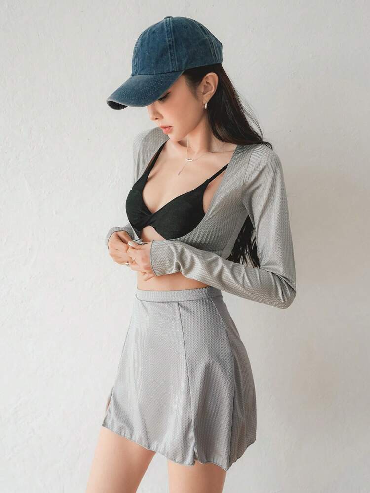 Solid Color Textured Hollow Out Long Sleeve Bikini Set For Summer Beach Vacation