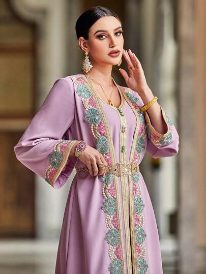 Al Najma Women's Elegant 2 In 1 Heavy Work Patchwork Ribbon Decor Long-Sleeve Pink Robe, Maxi Length Moroccan Kaftan Dress
