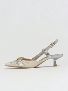 女士金属搭扣装饰刺绣尖头小猫跟后带凉鞋，优雅鞋款，适合春夏晚宴、约会和日常穿着，银色情人节款，优雅女士高跟鞋 - 銀色 - 查看 4
