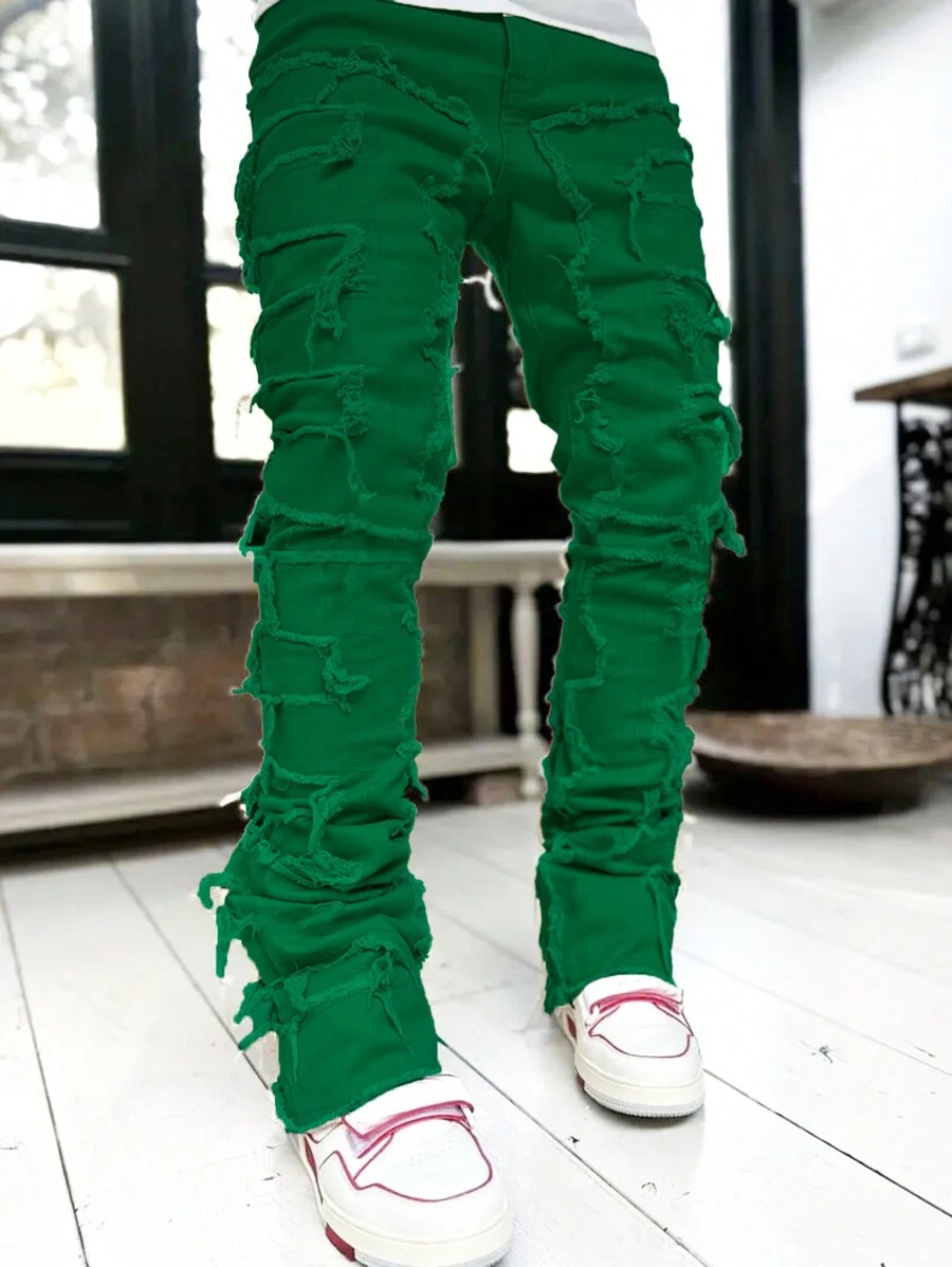 Tween Boys' Casual Solid Color Fleece Patchwork Denim Jeans - Green - View 1