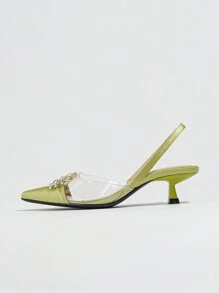Women's Pointed Toe Stiletto Heels With Rhinestone Decor, Metal Buckle, Elegant Cat-Shaped Heel Back Strap, Ideal For Parties, Dates, Shopping, Spring & Summer Seasons, Green Pvc High-Heeled Shoes - Green - View 4
