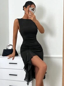 EURMUSE Asymmetrical Tube Dress With Ruffles, Ruffle Trim, Ruched Details - Black - View 3