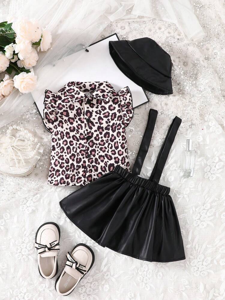 Baby Girl Leopard Print Ruffle Top And Suspender Skirt Set