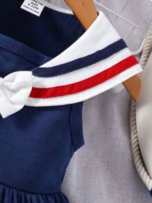 Baby Girls' Striped Contrast Color Sailor Collar Dress With Bow Decoration - Blue - View 5