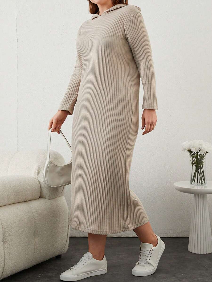RueChic Solid Ribbed Knit Drop Shoulder Hooded Dress - Apricot - View 1